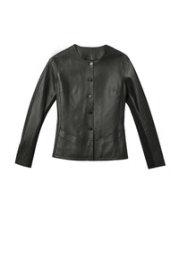 Fashionable Slim-fit Round Collar Thin Motorcycle Style Leather Jacket for Women